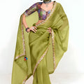Olive Green Georgette Saree with Embroidered Lace Border