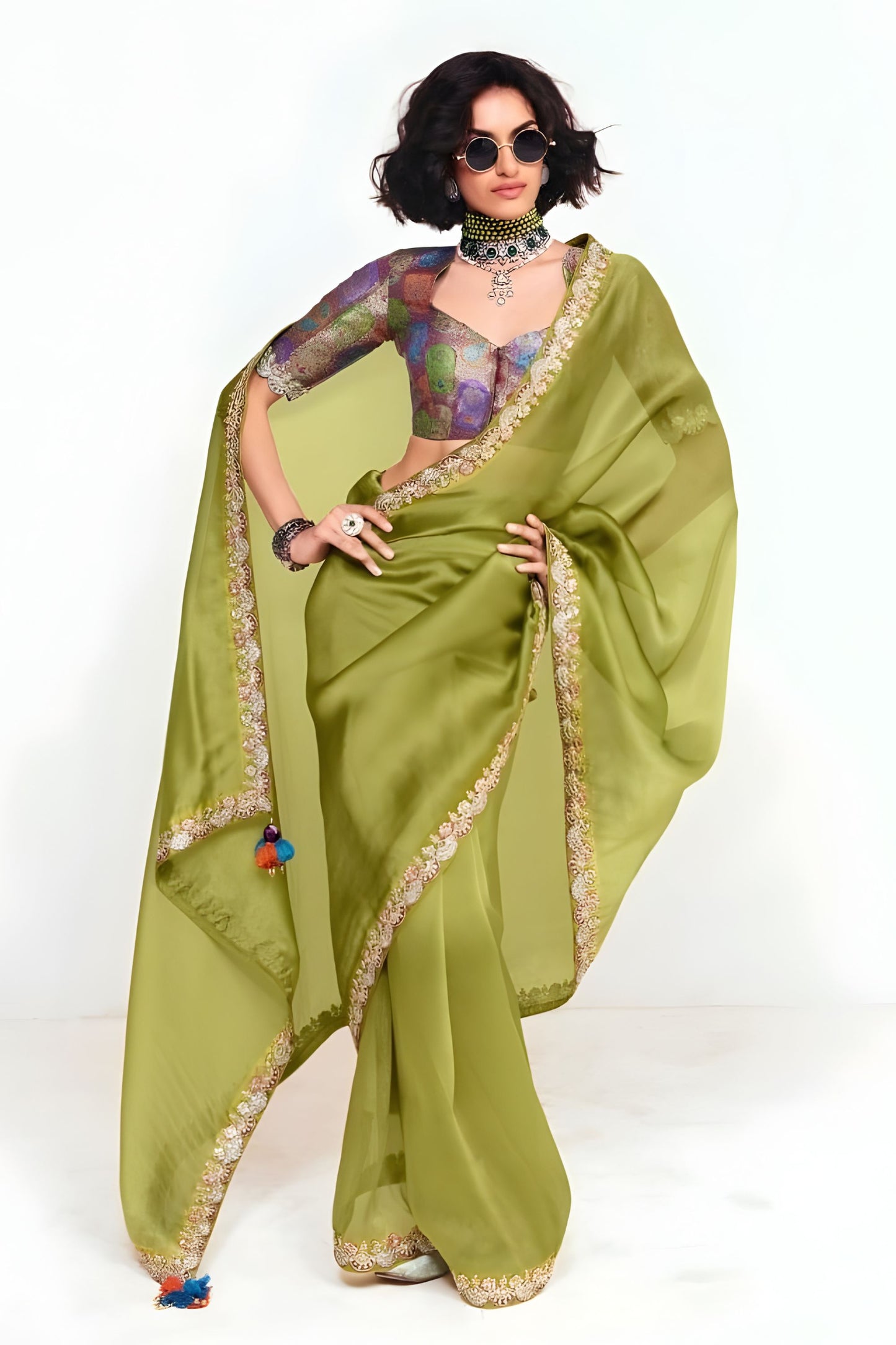 Olive Green Georgette Saree with Embroidered Lace Border