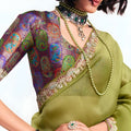 Olive Green Georgette Saree with Embroidered Lace Border