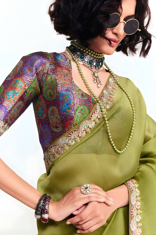 Olive Green Georgette Saree with Embroidered Lace Border