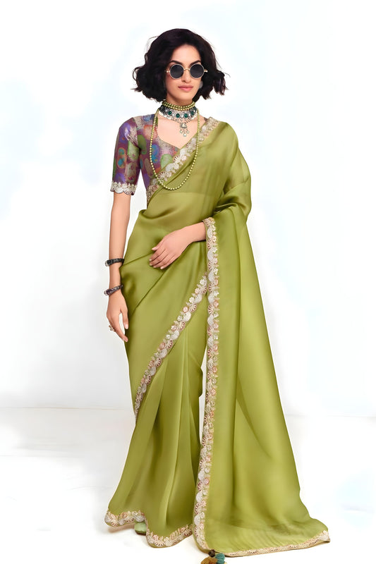 Olive Green Georgette Saree with Embroidered Lace Border 