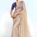 Beige Georgette Saree Silver Embroidered Border Designer Blouse