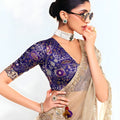 Beige Georgette Saree Silver Embroidered Border Designer Blouse