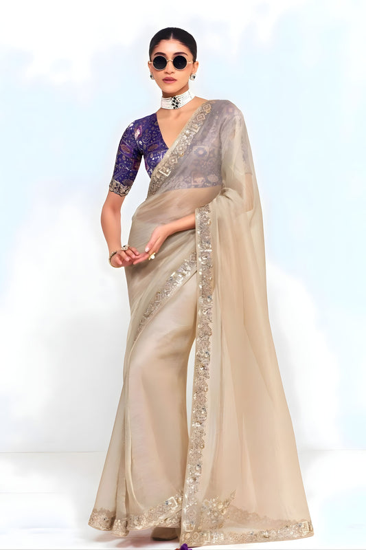 Beige Georgette Saree Silver Embroidered Border Designer Blouse