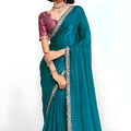 Teal Blue Georgette Saree Silver Lace Border Designer Printed Blouse 