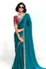 Teal Blue Georgette Saree Silver Lace Border Designer Printed Blouse 