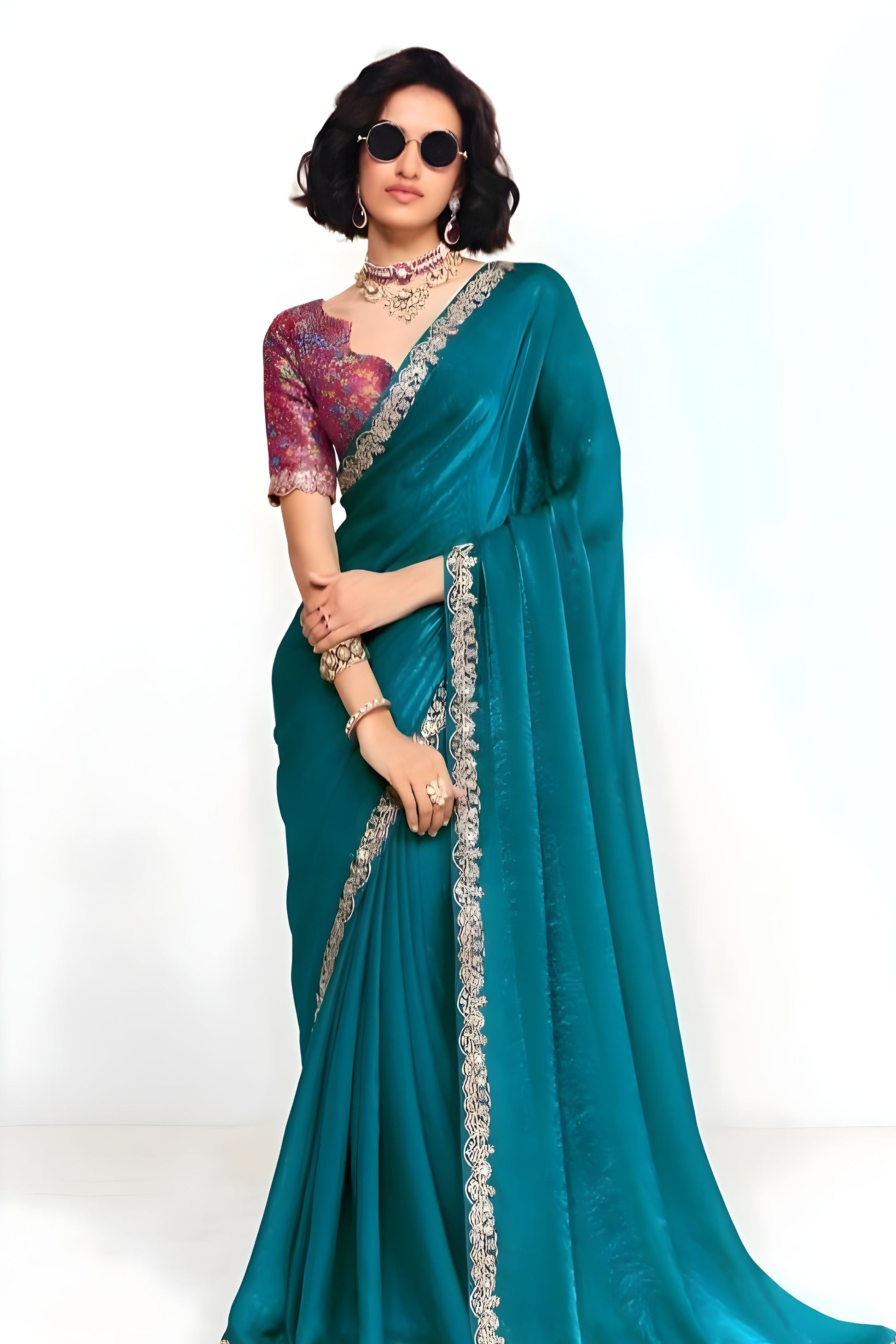 Teal Blue Georgette Saree Silver Lace Border Designer Printed Blouse 