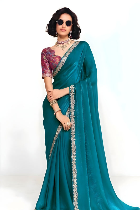 Teal Blue Georgette Saree Silver Lace Border Designer Printed Blouse 