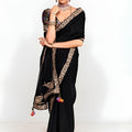 Black Georgette Saree with Gold Lace Border Designer Printed Blouse