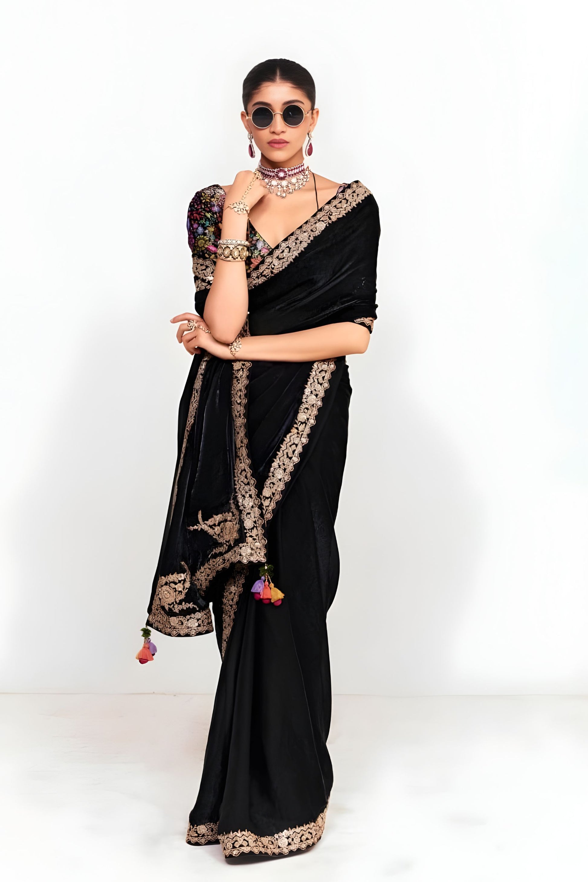 Black Georgette Saree with Gold Lace Border Designer Printed Blouse