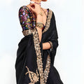 Black Georgette Saree with Gold Lace Border Designer Printed Blouse