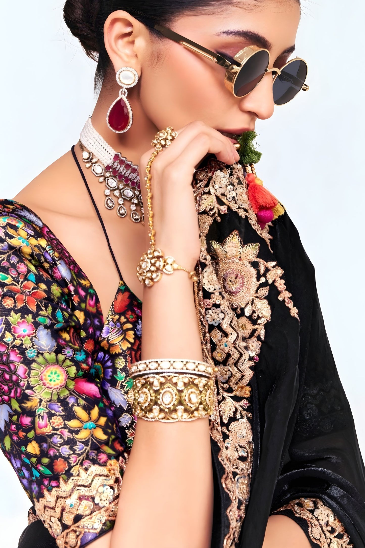 Black Georgette Saree with Gold Lace Border Designer Printed Blouse