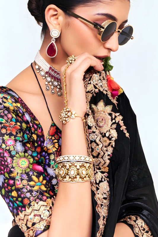 Black Georgette Saree with Gold Lace Border Designer Printed Blouse
