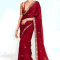 Wine Red Georgette Saree Heavy Embroidered Lace Border Designer Blouse