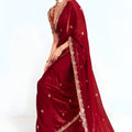 Wine Red Georgette Saree Heavy Embroidered Lace Border Designer Blouse