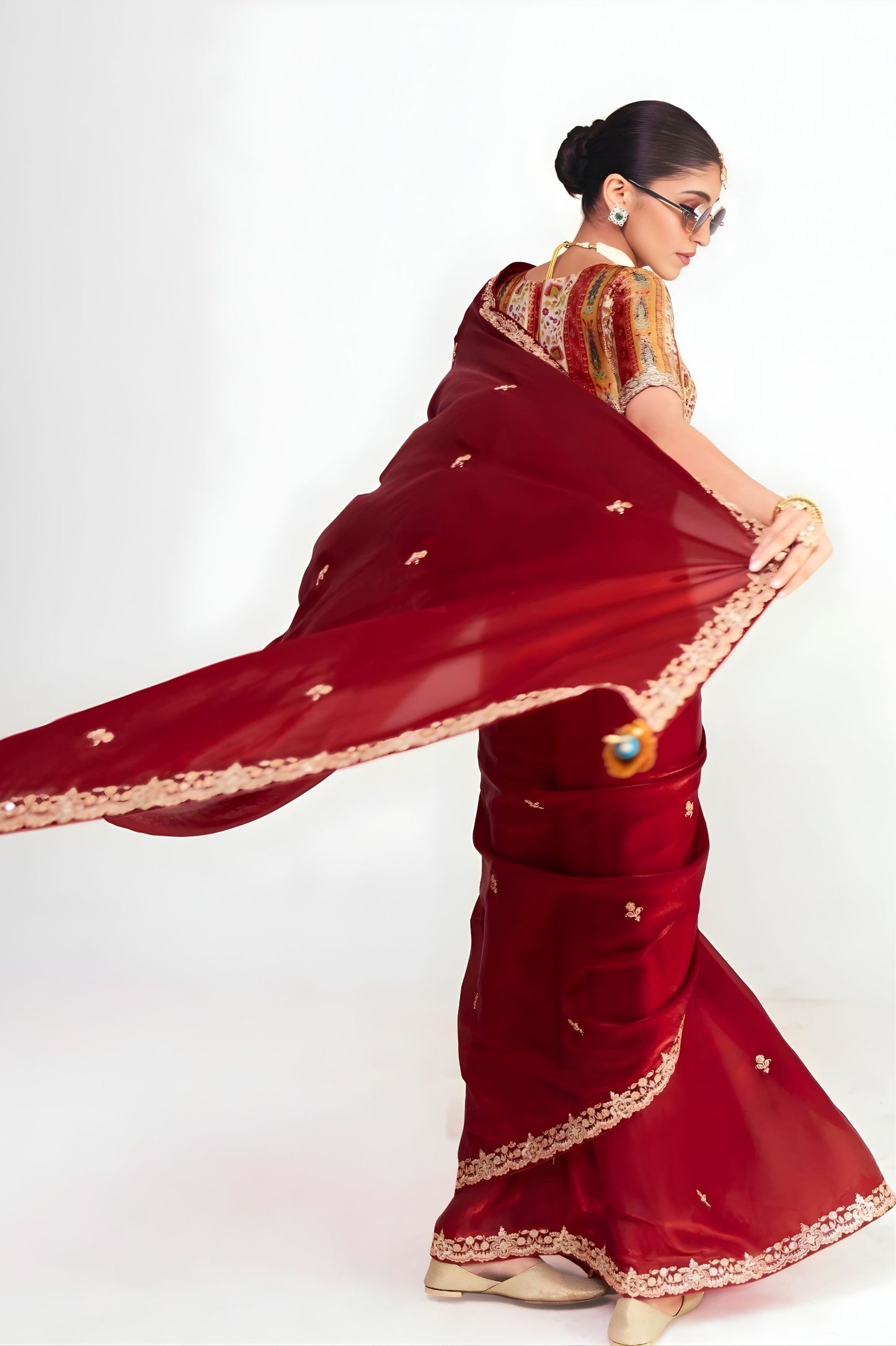 Wine Red Georgette Saree Heavy Embroidered Lace Border Designer Blouse