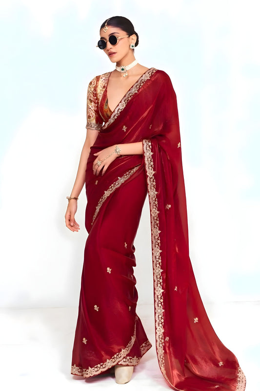 Wine Red Georgette Saree Heavy Embroidered Lace Border Designer Blouse