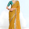 Mustard Yellow Georgette Saree Embroidered Border Designer Teal Blouse 