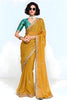 Mustard Yellow Georgette Saree Embroidered Border Designer Teal Blouse 