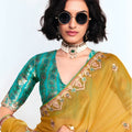 Mustard Yellow Georgette Saree Embroidered Border Designer Teal Blouse