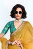 Mustard Yellow Georgette Saree Embroidered Border Designer Teal Blouse