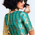 Mustard Yellow Georgette Saree Embroidered Border Designer Teal Blouse