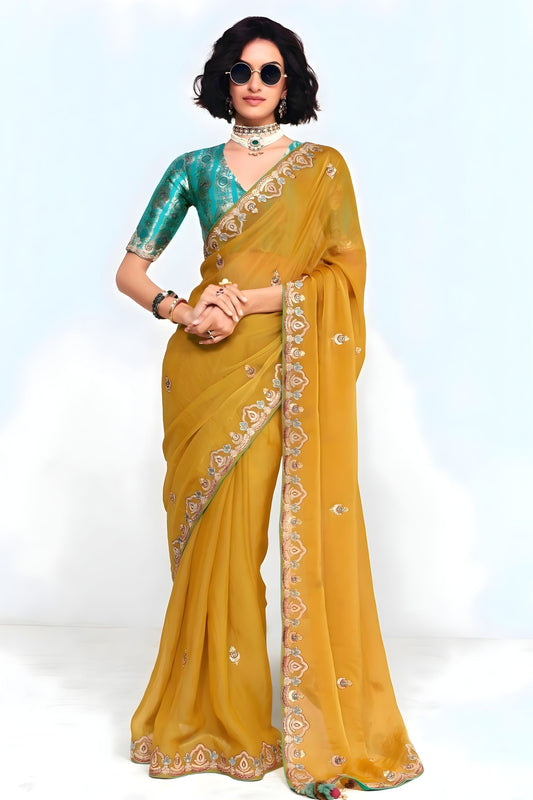 Mustard Yellow Georgette Saree Embroidered Border Designer Teal Blouse 