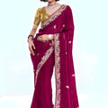 Wine Purple Georgette Saree Heavy Embroidered Border Designer Blouse