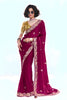 Wine Purple Georgette Saree Heavy Embroidered Border Designer Blouse