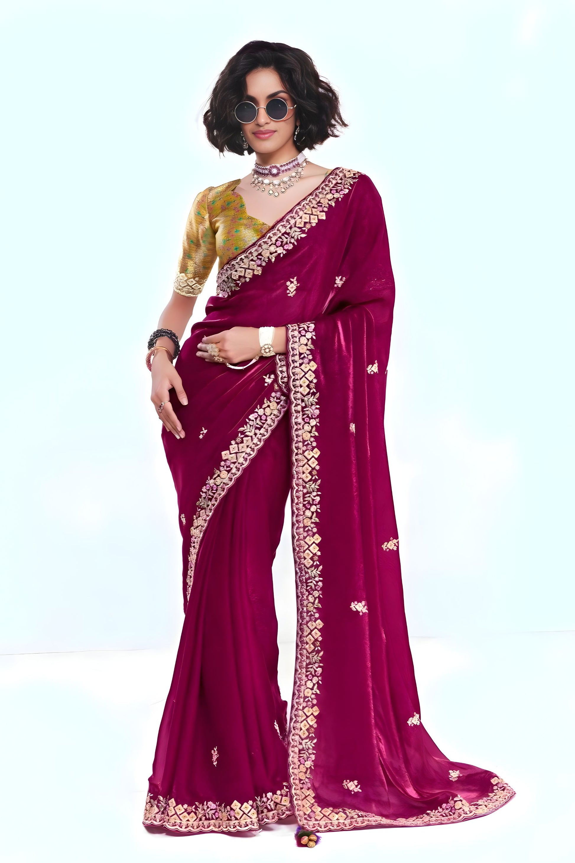 Wine Purple Georgette Saree Heavy Embroidered Border Designer Blouse