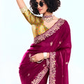 Wine Purple Georgette Saree Heavy Embroidered Border Designer Blouse