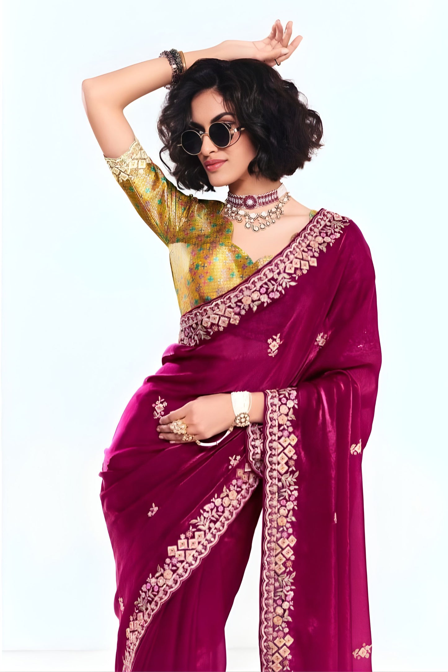Wine Purple Georgette Saree Heavy Embroidered Border Designer Blouse