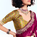 Wine Purple Georgette Saree Heavy Embroidered Border Designer Blouse