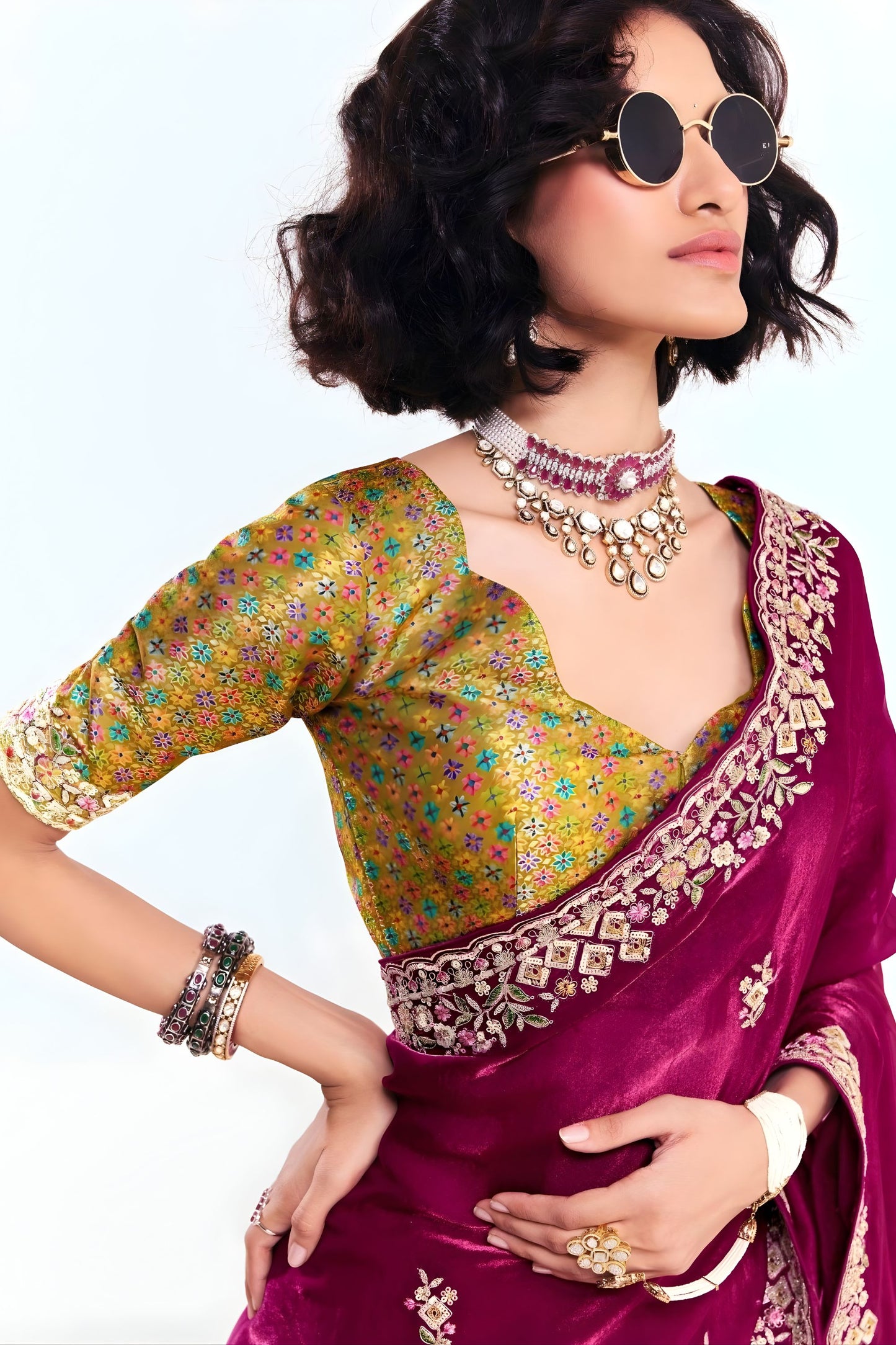 Wine Purple Georgette Saree Heavy Embroidered Border Designer Blouse