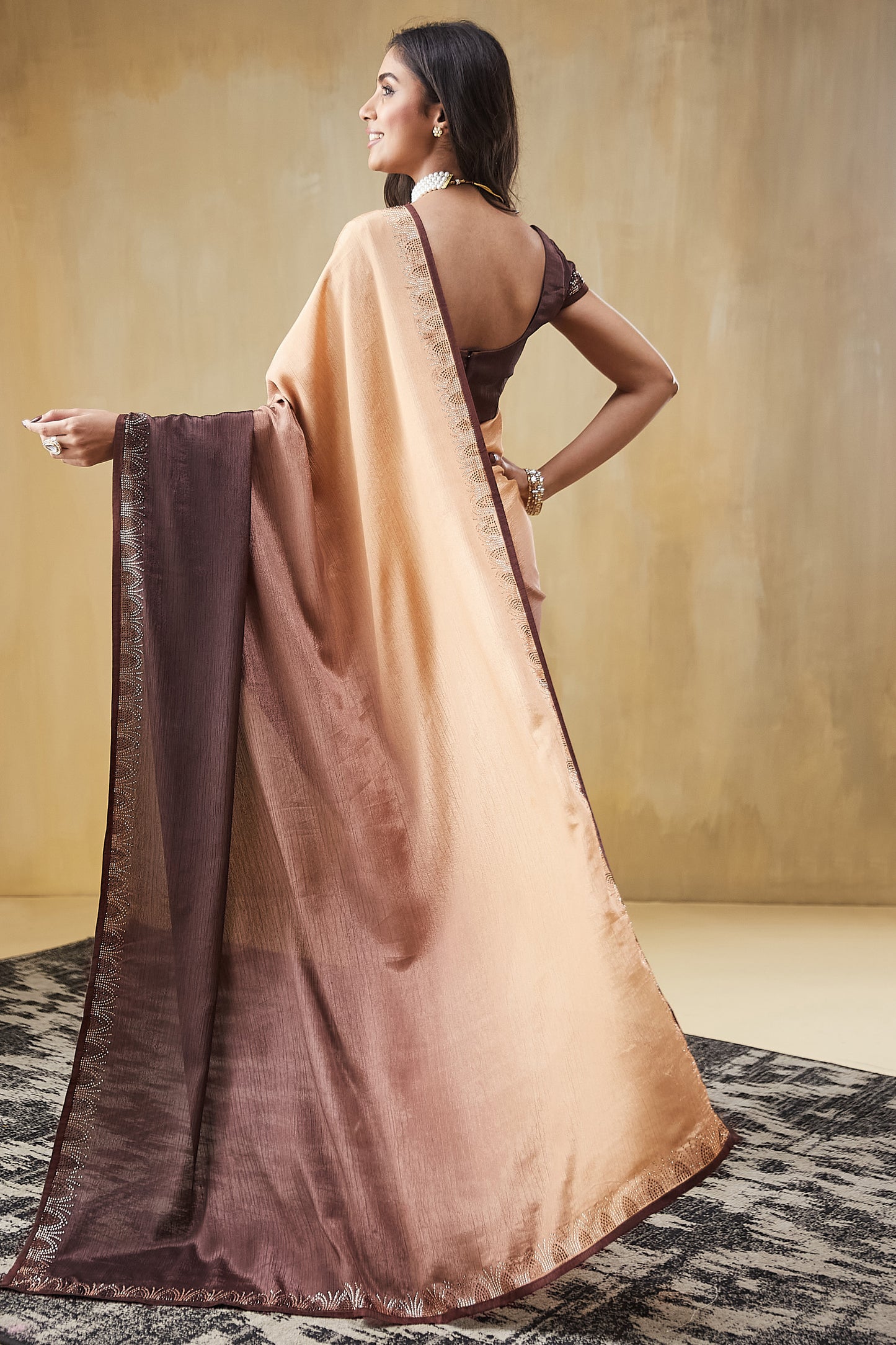 Brown Beige Silk Saree Designer Blouse Party Wear Saree