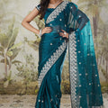 Teal Blue Satin Silk Saree with Silver Stone Work Party Wear