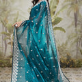 Teal Blue Satin Silk Saree with Silver Stone Work Party Wear