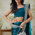 Teal Blue Satin Silk Saree with Silver Stone Work Party Wear