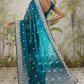 Teal Blue Satin Silk Saree with Silver Stone Work Party Wear