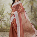 Rust Brown Satin Silk Saree White Border Stone Work Party Wear Saree