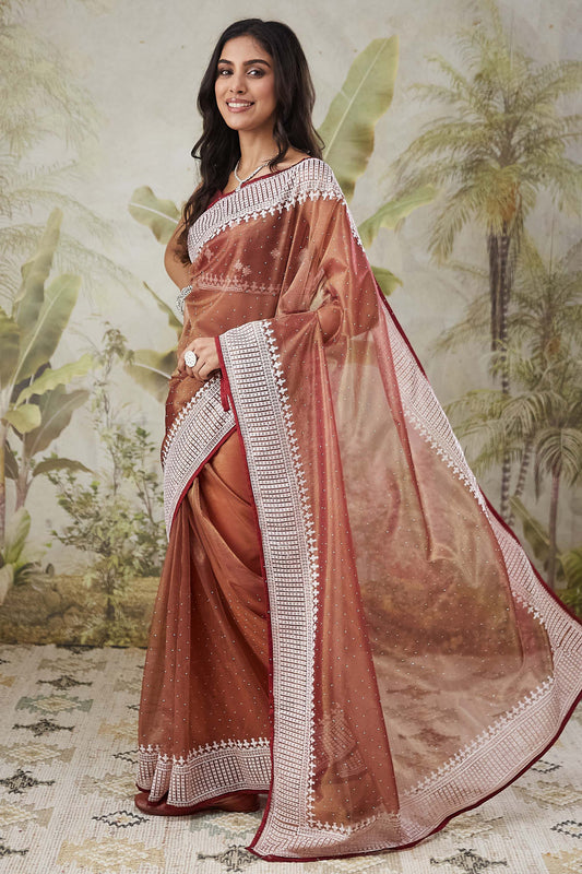 Rust Brown Satin Silk Saree White Border Stone Work Party Wear Saree