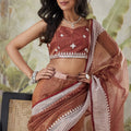 Rust Brown Satin Silk Saree White Border Stone Work Party Wear Saree