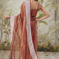 Rust Brown Satin Silk Saree White Border Stone Work Party Wear Saree