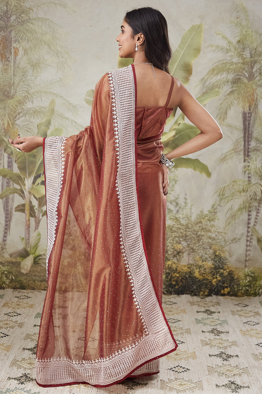 Rust Brown Satin Silk Saree White Border Stone Work Party Wear Saree