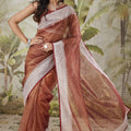 Rust Brown Satin Silk Saree White Border Stone Work Party Wear Saree
