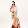 White Printed Traditional Saree with Ethnic Border Orange Blouse