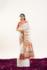 White Printed Traditional Saree with Ethnic Border Orange Blouse