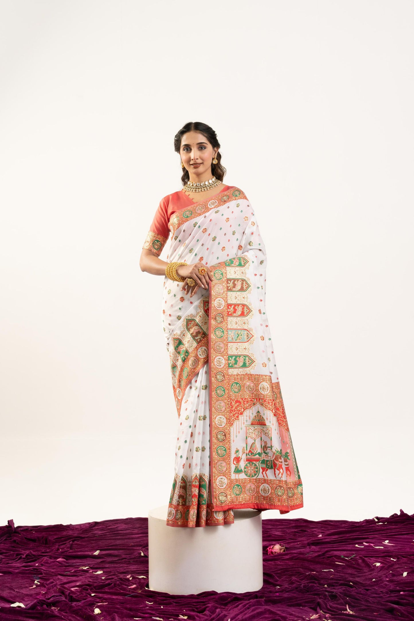 White Printed Traditional Saree with Ethnic Border Orange Blouse