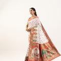White Printed Traditional Saree with Ethnic Border Orange Blouse