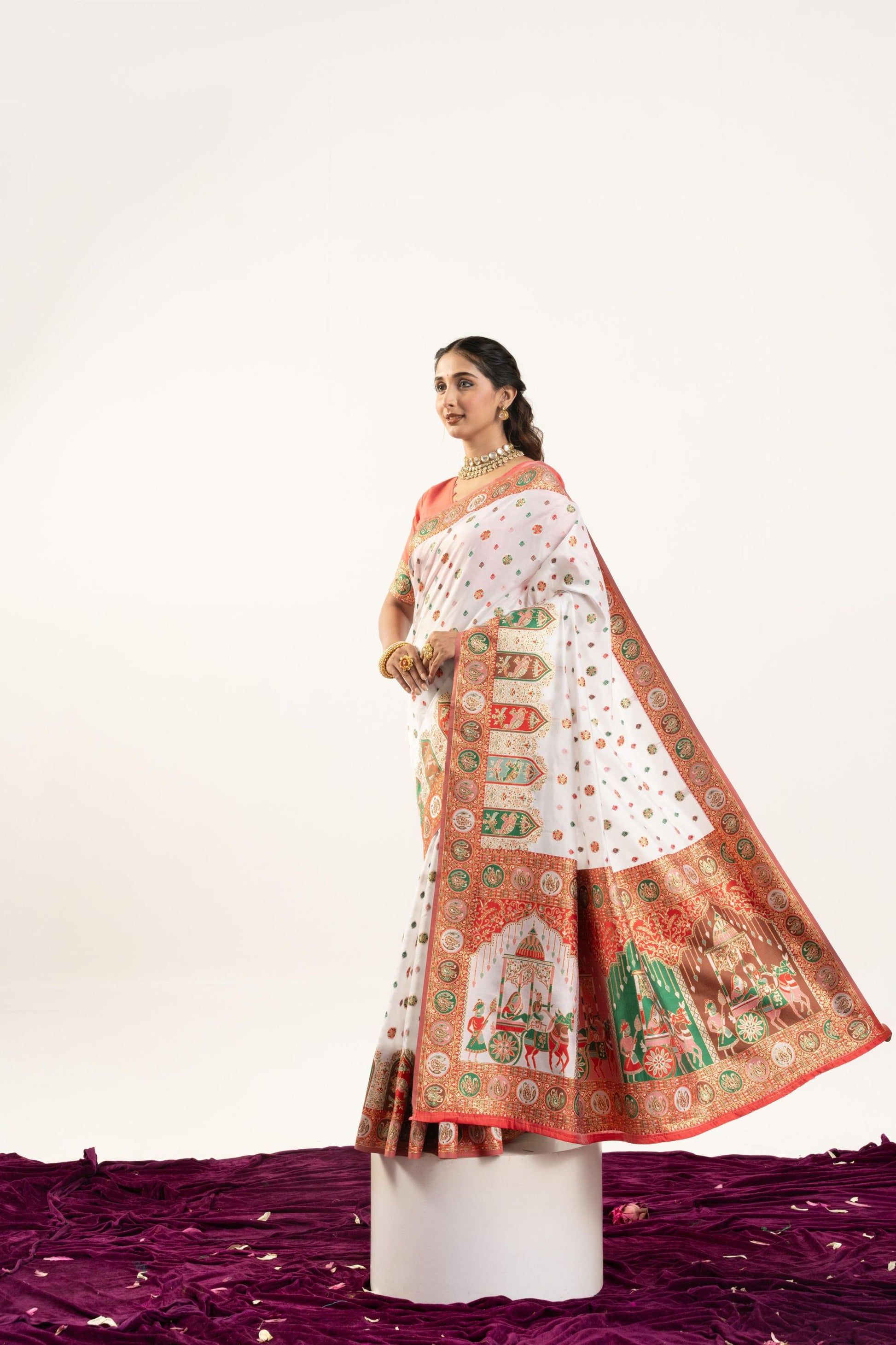 White Printed Traditional Saree with Ethnic Border Orange Blouse
